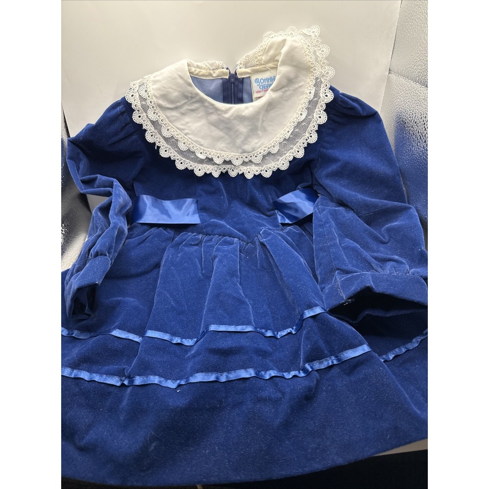 Vintage Bonnie Jean Velvet Royal Blue Girls Dress Size 4 Lace